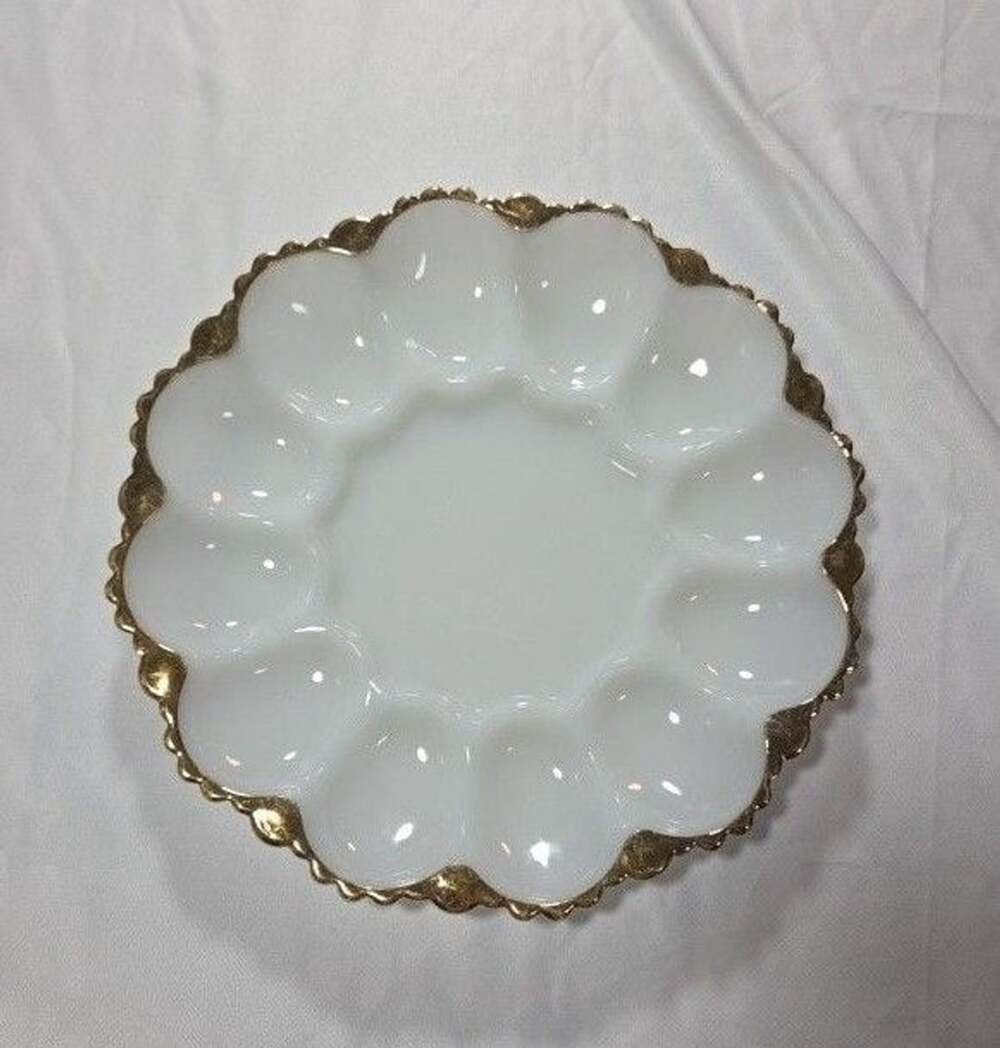Anchor Hocking Deviled Egg Plate Milk Glass Gold Rim White